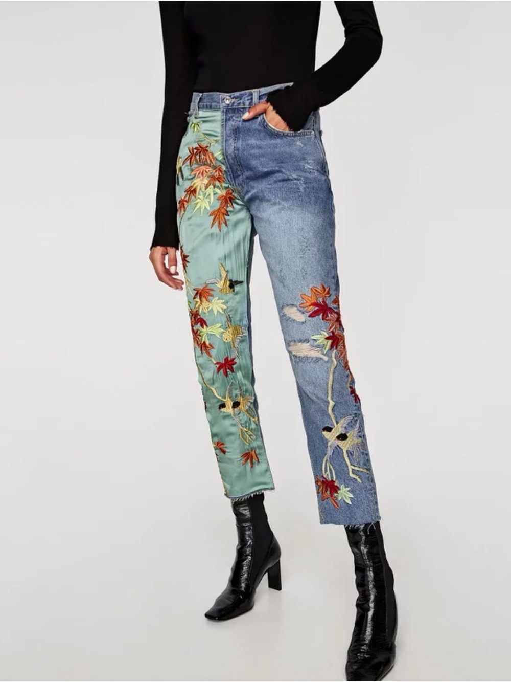 Zara Two-Tone Embroidered Straight-Leg Jeans in Green and Blue